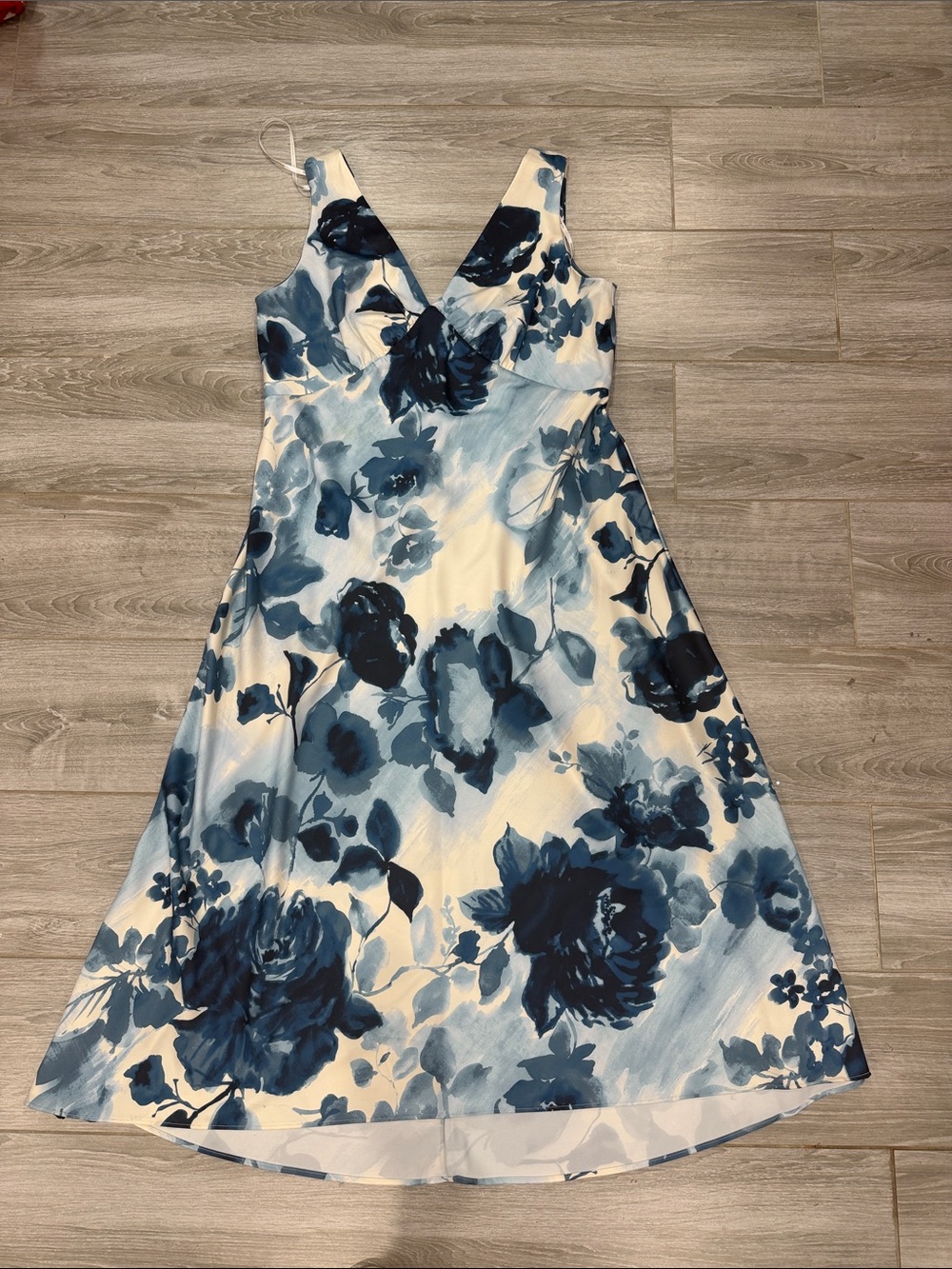 Donna Karan NWT 16 Floral Empire Waist A-Line Blue & White Midi Dress - Picture 2 of 6